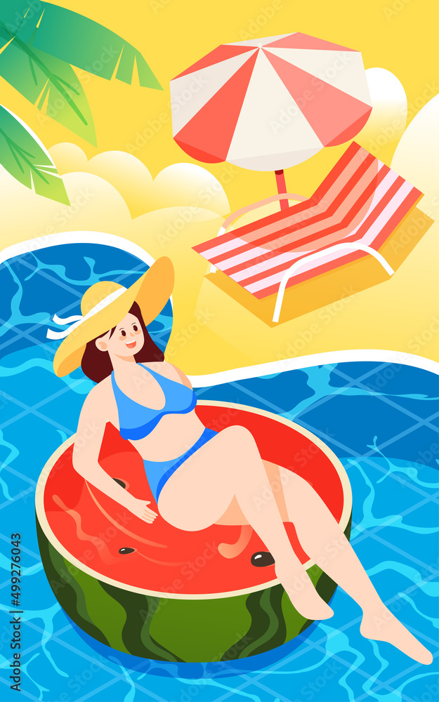 The girl lies on a watermelon and swims in a pool, vector illustration