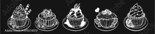 cupcakes set vector sketch on black background. cupcake with berries vector sketch. blueberry cupcake with creams hand drawn vector. cupcakes set coloring vector. cupcake menu vector chalk