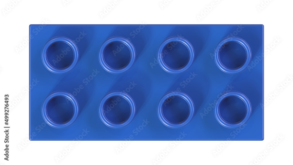 Fototapeta premium Close Up View of a Blue Plastic blocks Toy Brick Isolated on a White Background. Children Building Block, Top View. High Quality 3D Rendering with a Work Path. 8K Ultra HD, 7680x4320