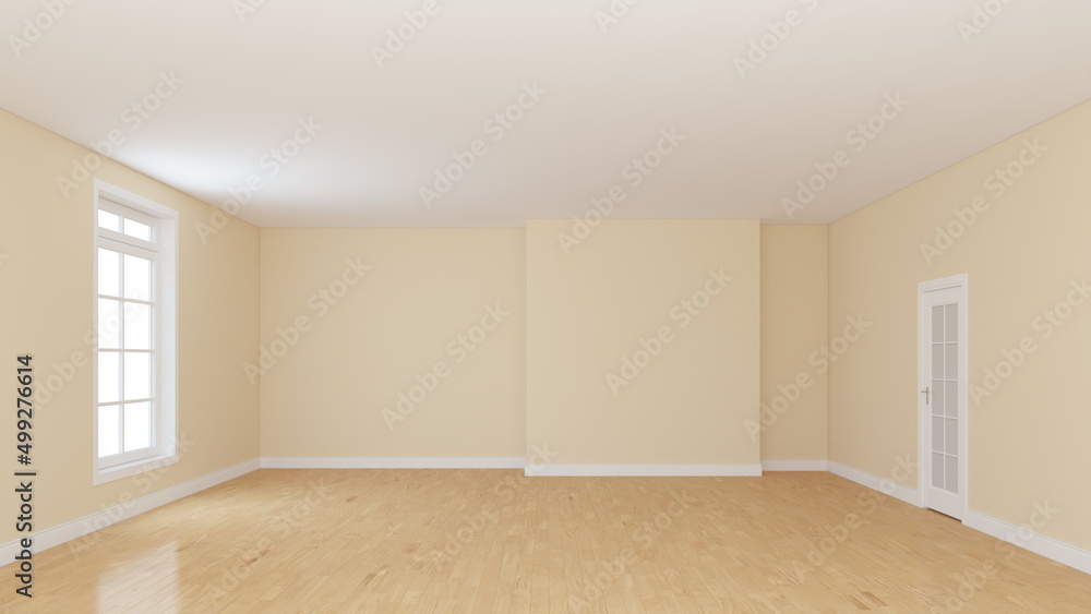 Fototapeta premium Empty Room with Beige Walls, White Ceiling, Light Glossy Parquet, Plinth, Window and a White Door. Interior Concept. Perspective View. 3D Rendering with a Work Path on Window. 8K Ultra HD, 7680x4320