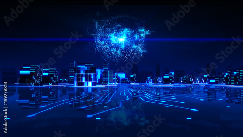 Metaverse, Futuristic city neon light with power energy ball light. Digital Transformation Concept Background. 3D Illustration.