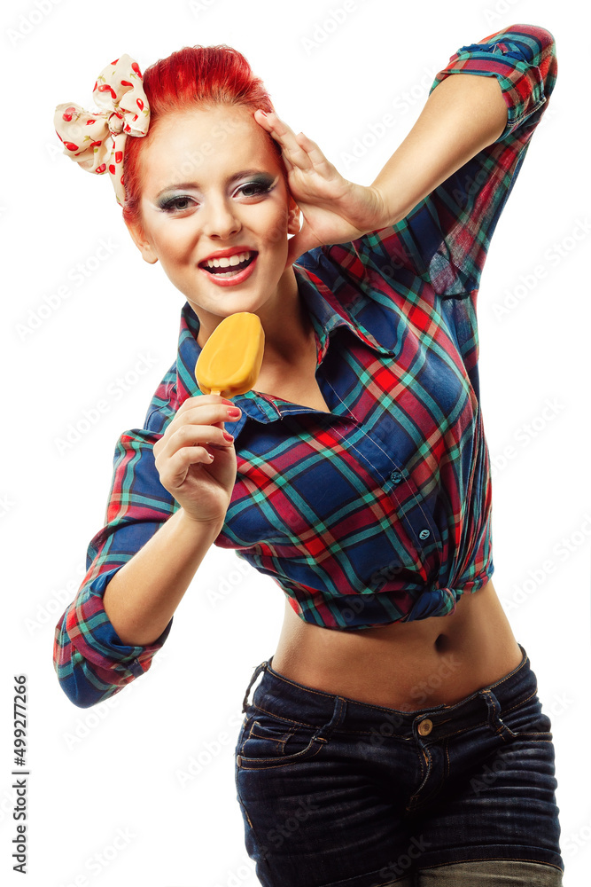 Bright picture of pretty girl in checked shirt with ice-cream Bright picture of pretty girl in checked shirt with ice-cream