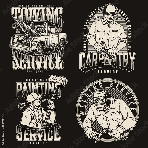 Monochrome labels set with laborers