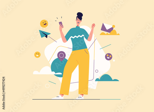 Vector illustration of laughing cheerful young woman with smartphone. Editable stroke