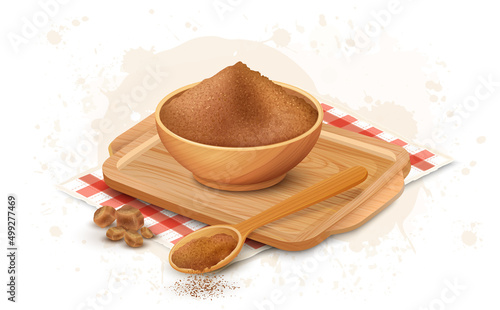 Brown sugar and Sugar cane powder with Jaggery pieces on wooden chopping board vector illustration photo