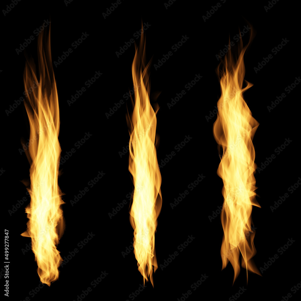 Fototapeta premium Fire flames blaze conflagration texture elements burning isolated on dark background