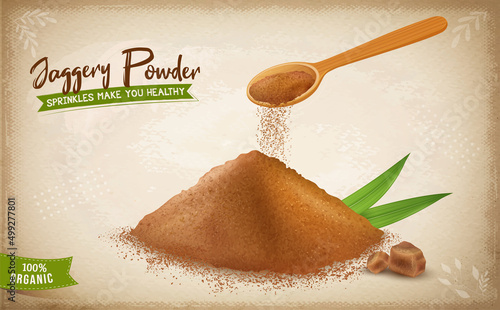 Jaggery powder vector illustration with wooden spoon
