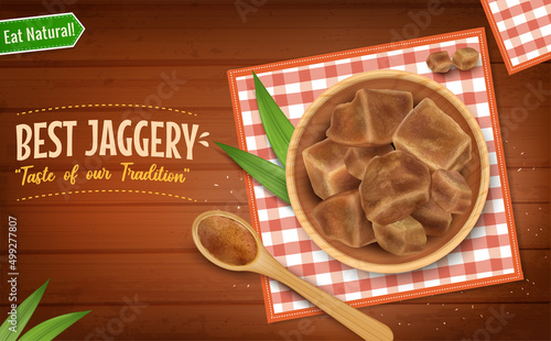 Jaggery Cubes and piece vector illustration on brown wooden background
