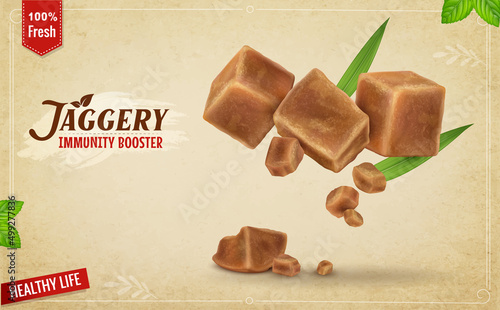 Jaggery powder vector illustration with wooden spoon