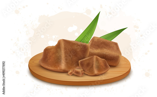 Sugar cane powder jaggery cube vector illustration with round wooden chopping board