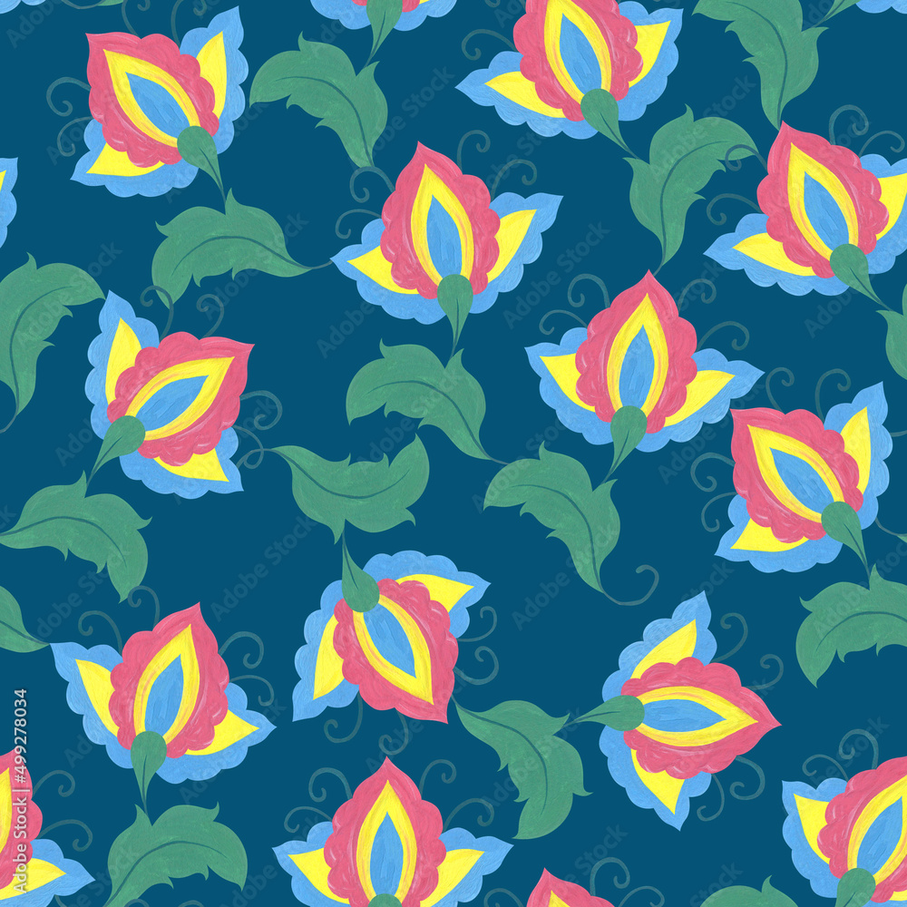 Bright abstract flowers. Unusual flowers in folklore style. Watercolor seamless pattern on blue background. I Bright abstract flowers. Unusual flowers in folklore style. Watercolor seamless pattern on blue background. I
