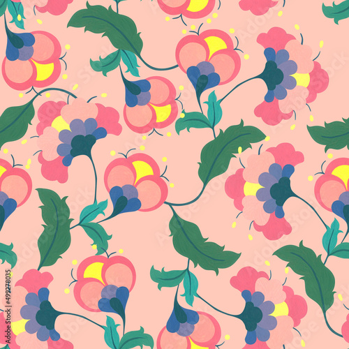 Watercolor flowers in folklore style. Stylized roses. Delicate folk art style pattern.