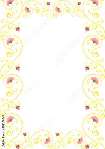 Frame with filigree. Gold scrolls and pink flowers.