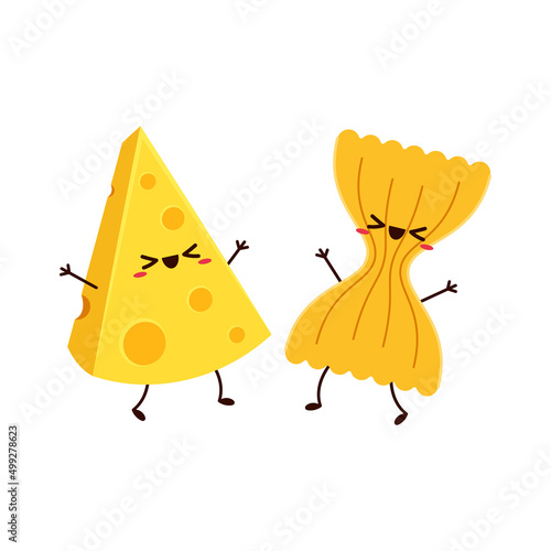 Farfalle and Cheese pasta vector. Farfalle pasta and Cheese character design.