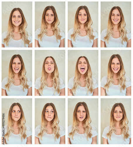 Be whoever you want to be. Composite shot of a young woman making various facial expressions in studio. photo