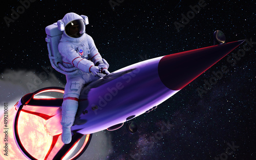 Fototapeta 3d Illustration of astronaut riding a rocket, with smoke, through the cloud into the space, with clipping path