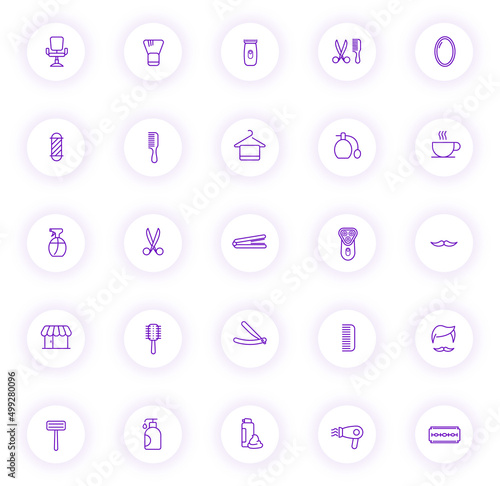 barbershop purple color outline icons on light round buttons with purple shadow. barbershop icon set for web, mobile apps, ui design and print