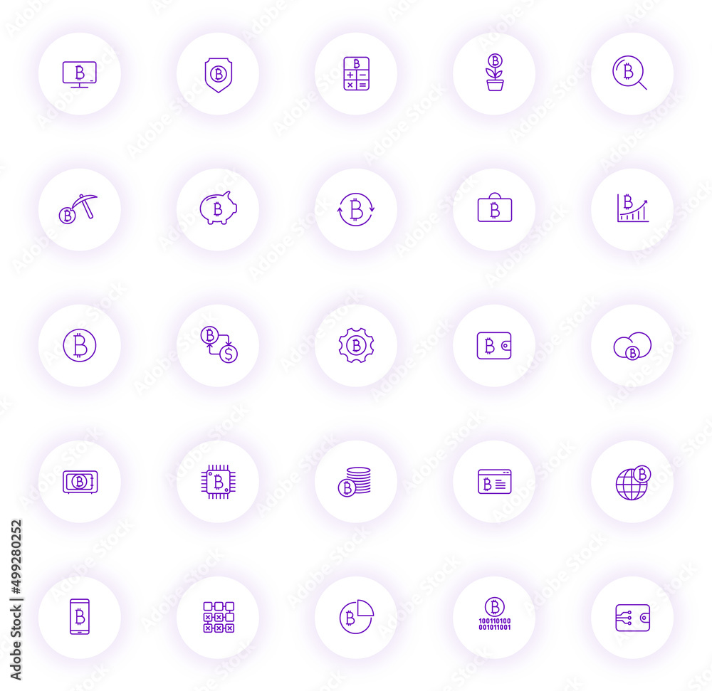 bitcoin purple color outline icons on light round buttons with purple shadow. bitcoin icon set for web, mobile apps, ui design and print bitcoin purple color outline icons on light round buttons with purple shadow. bitcoin icon set for web, mobile apps, ui design and print
