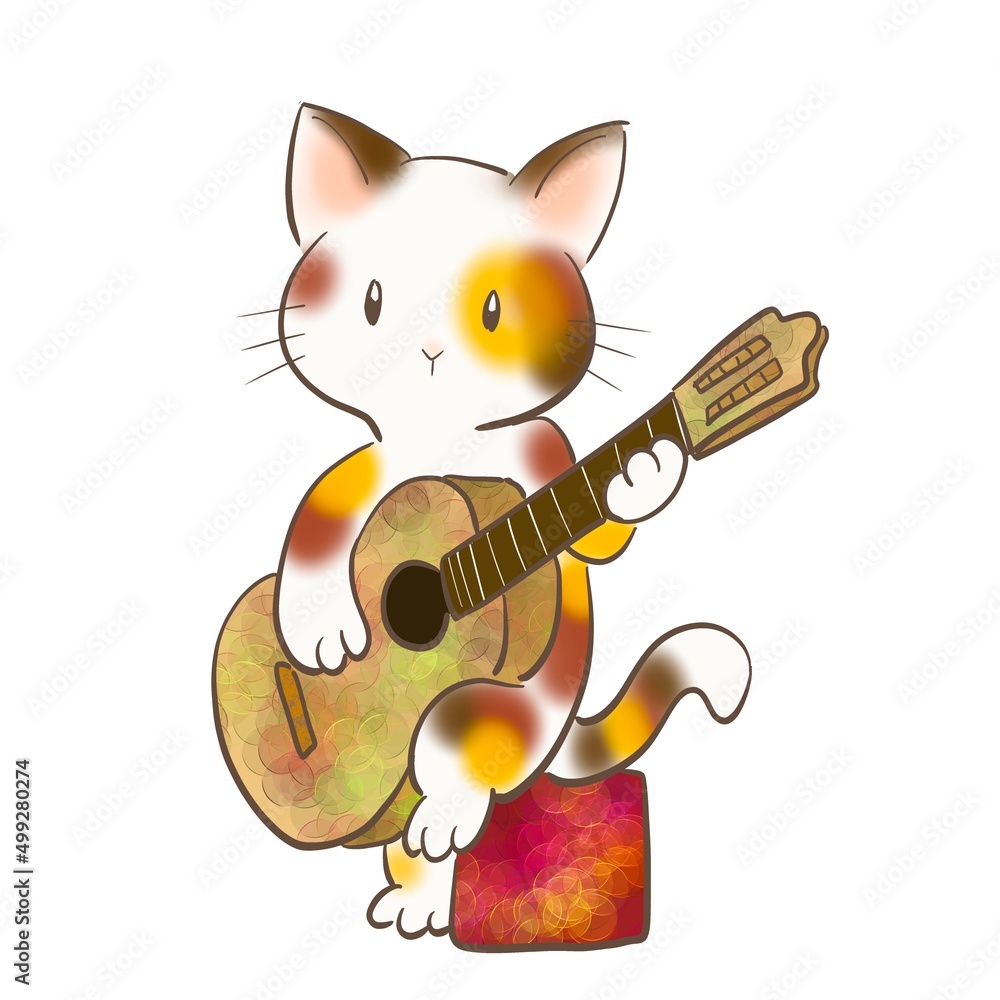 ネコが楽しそうにギターを弾いているイラスト ネコが楽しそうにギターを弾いているイラスト