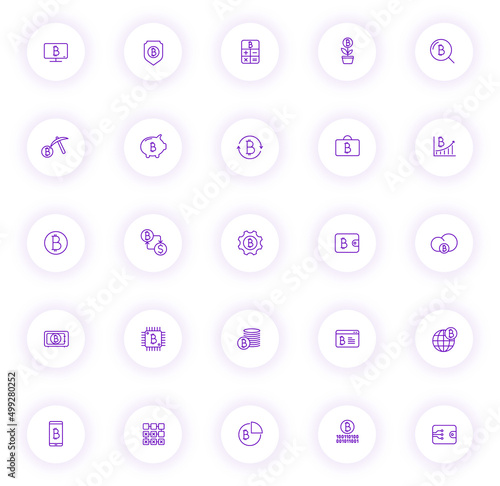 bitcoin purple color outline icons on light round buttons with purple shadow. bitcoin icon set for web, mobile apps, ui design and print
