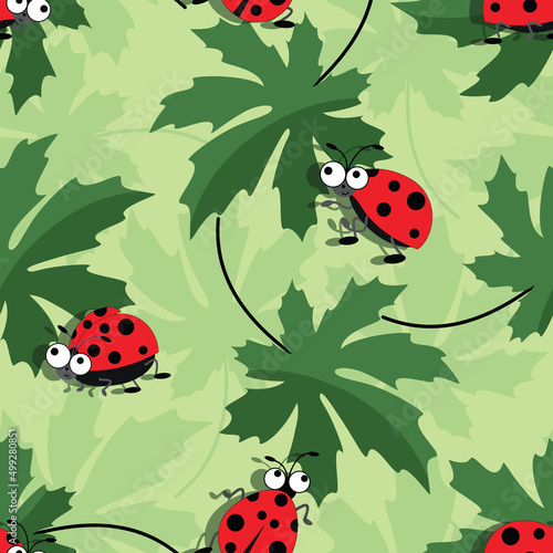 Ladybird background. Maple leaf with cute bugs. Cartoon ladybird. Cheerful picture  funny character 
