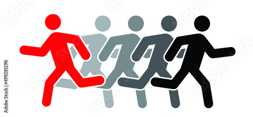 be different. Runaway stickman. Running sports. Vector man stick figure. Teamwork icon or pitcogtram. People flee route. Pursuit of the leader run. Business Concept. Team work symbol. Leadership logo.