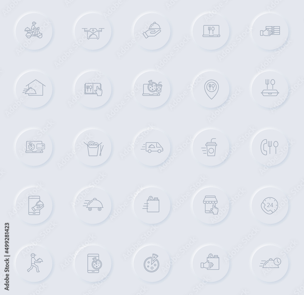 food delivery line gray icons on round rubber buttons. food delivery icon set for web, mobile apps, ui design and promo business polygraphy