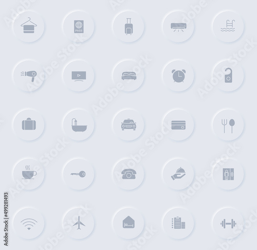 hotel gray vector icons on round rubber buttons. hotel icon set for web, mobile apps, ui design and promo business polygraphy