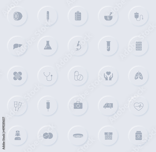 medical gray vector icons on round rubber buttons. medical icon set for web, mobile apps, ui design and promo business polygraphy