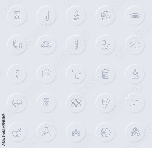 medical line gray icons on round rubber buttons. medical icon set for web, mobile apps, ui design and promo business polygraphy