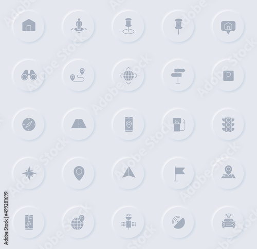 navigation gray vector icons on round rubber buttons. navigation icon set for web, mobile apps, ui design and promo business polygraphy