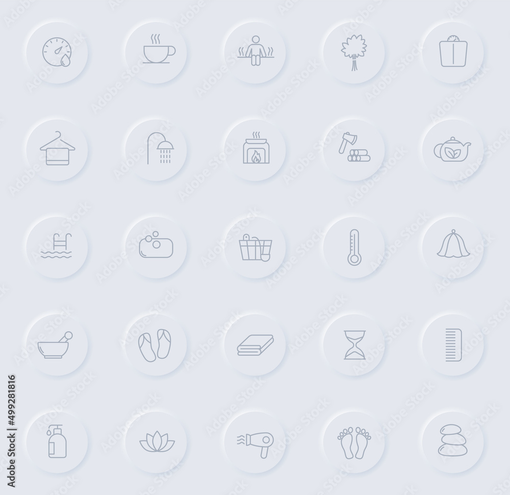 sauna line gray icons on round rubber buttons. sauna icon set for web, mobile apps, ui design and promo business polygraphy sauna line gray icons on round rubber buttons. sauna icon set for web, mobile apps, ui design and promo business polygraphy