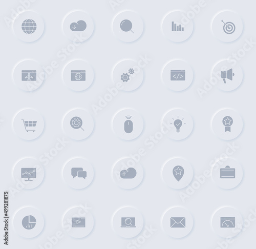 seo gray vector icons on round rubber buttons. seo icon set for web, mobile apps, ui design and promo business polygraphy
