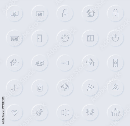 smart home line gray icons on round rubber buttons. smart home icon set for web, mobile apps, ui design and promo business polygraphy