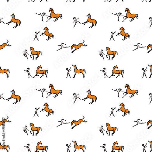 Friendly free horse and girl or woman. Seamless pattern. Happy horsemanship jumping, dancing, running, rearing horse. Enjoy friend. Hand drawn silhouette set. Line cartoon vector sketch background  © larisa_zorina