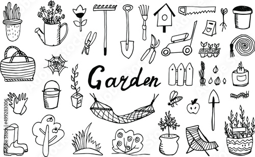 Set with gardening tools. Watering can, bucket, hose, pitchfork, shovel, wheelbarrow, trowel, pruner, seedling tree, garden fork, rake, fence. Vector doodle illustration isolated on white.