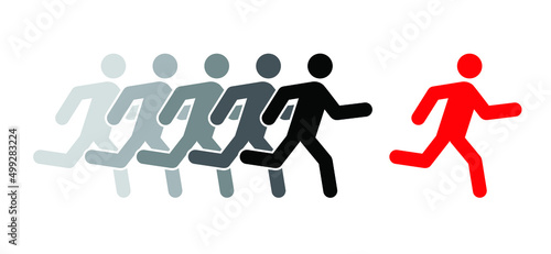 Pursuit of the leader run. be different. Runaway stickman. Running sports. Vector man stick figure. Teamwork icon or pitcogtram. People flee route. Business Concept. Team work symbol. Leadership logo.