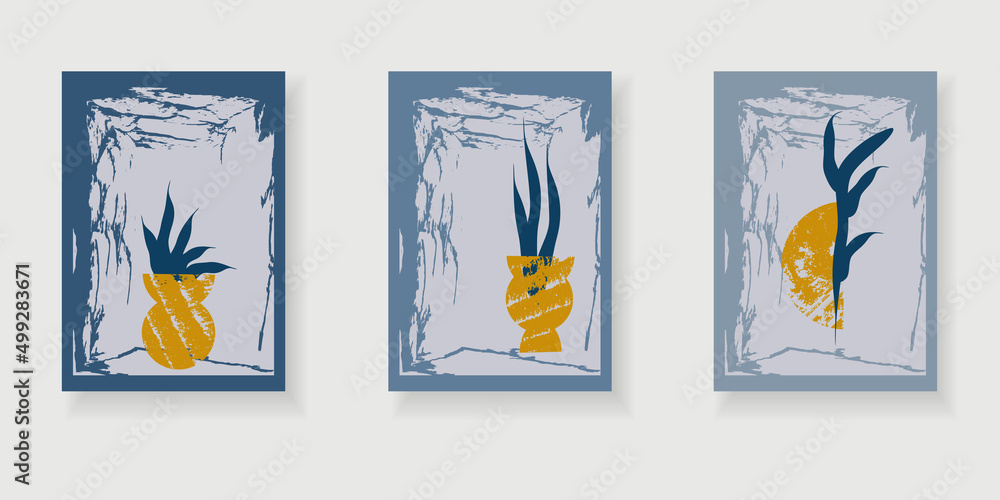 Botanical set backgrounds with abstract plants and grunge texture. Modern vector posters with art texture for home decor. For printing on covers, banners, sales, flyers, postcards. Botanical set backgrounds with abstract plants and grunge texture. Modern vector posters with art texture for home decor. For printing on covers, banners, sales, flyers, postcards.
