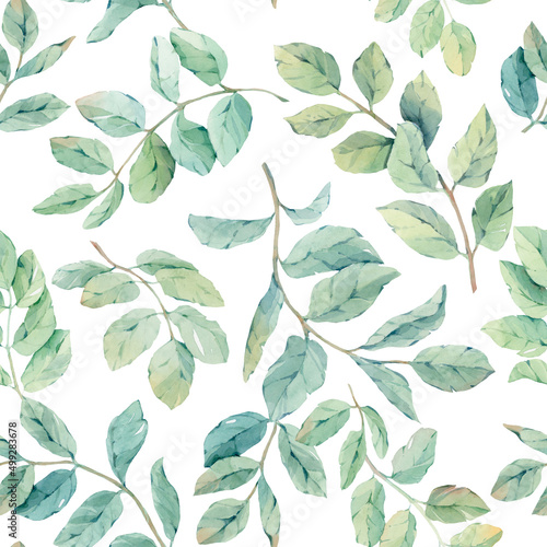 Seamless elegant pattern with green twigs and picturesque leaves on a white background. Hand-drawn in watercolor. Preferred for fabric  wallpaper  wrapping paper  wedding invitations  postcards.