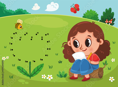 Connect dots by numbers. Children educational game.  Meadow theme with a cute girl. Dot to dot colorful worksheet for toddlers and preschool years kids.