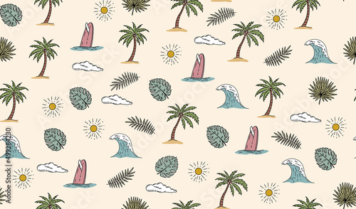 Wave, ocean, surfboard, palm trees, leaves, monstera, hand drawn illustration, vector.