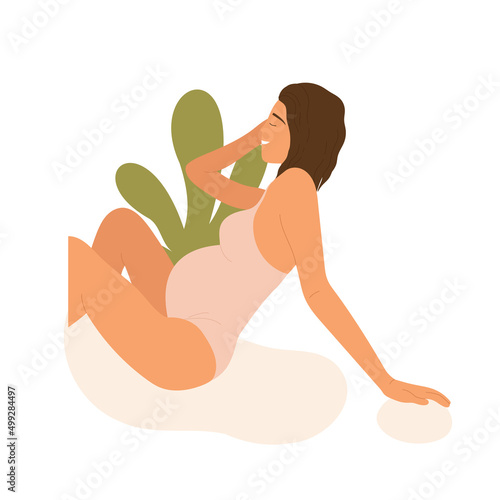 Young pregnant woman in a pink swimsuit is sitting on the sand and sunbathing. Resting girl on the beach. Pregnancy, vacation in summer aesthetic. vector illustration. Isolated white background.