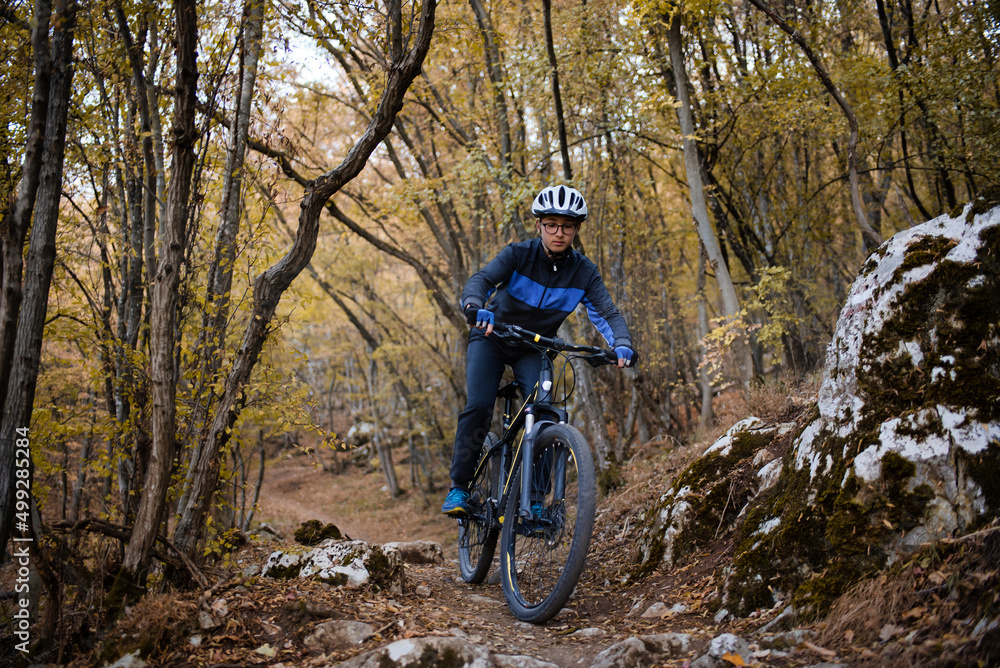 Mountain biker riding on bike in nature.