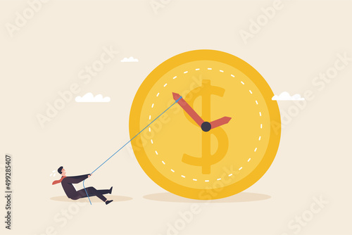 Time is money. Lack of time or running out of time.  short and long term investment. .Businessman trying to stop time for raising money.