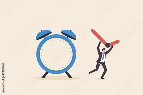 Out of time, work deadline, time countdown or time management concept. A businessman steals a  hour hand and minute hand  to stop time.