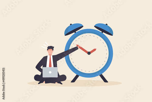Delay concept, Stop time to dealing with urgent projects or handle errors. ..Time on clock stop...Businessman holding the minute hand to push turn back time.