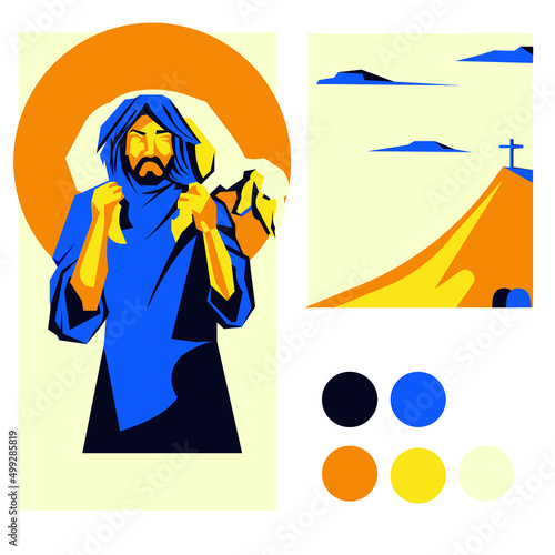Flat silhouette image of a man, a shepherd with a sheep on his shoulders against the background of a sunset. Blue-yellow gamma, graphic image of a mountain with a cross and an empty tomb.