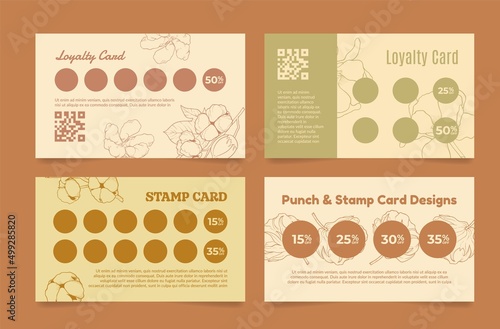 Collection commercial business loyalty stamp card cotton flower engraved vector illustration