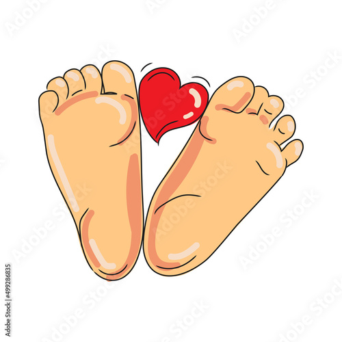 Baby foot close-up drawn in a modern style on a white background.Cute heart between children's feet vector illustration. Skin care.Happy family.Kid graphic.