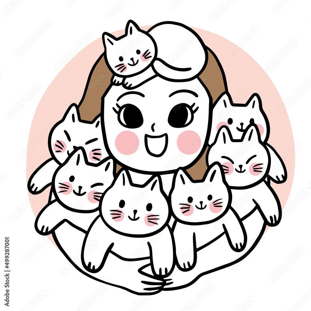 Obraz premium Cartoon cute woman hug kitten with love vector.